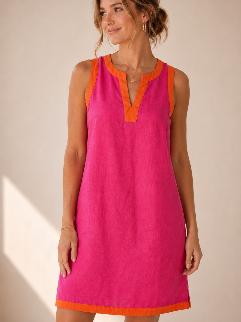 Sigrid Olsen 100% Linen Shift Dress Pink Orange Coastal Preppy Mini Size S